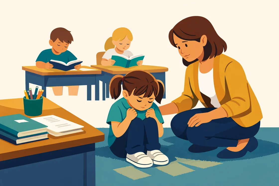 Teacher comforting a student overwhelmed by sunlight during reading time