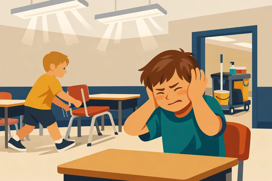 Student covering ears from classroom noise and bright lights
