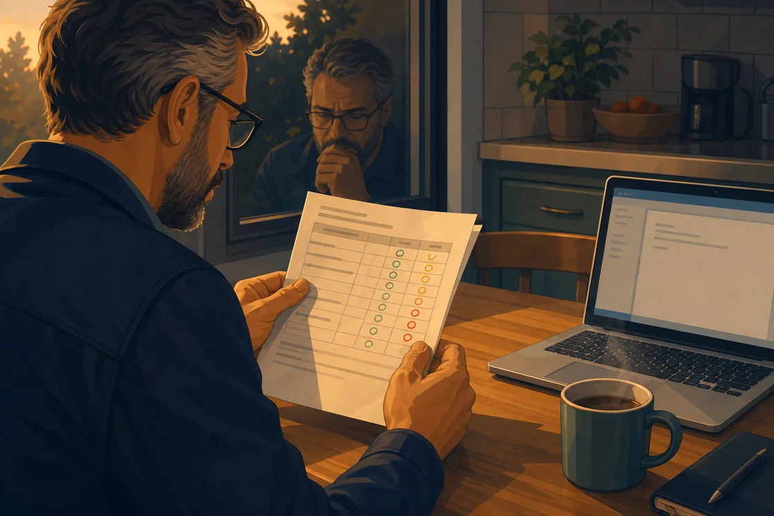 Parent holding a report card at a kitchen table, drafting an email with a concerned expression reflected in the window.