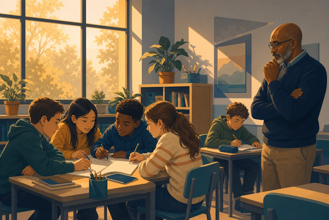 Child working alone while classmates collaborate nearby in a classroom, teacher observing.