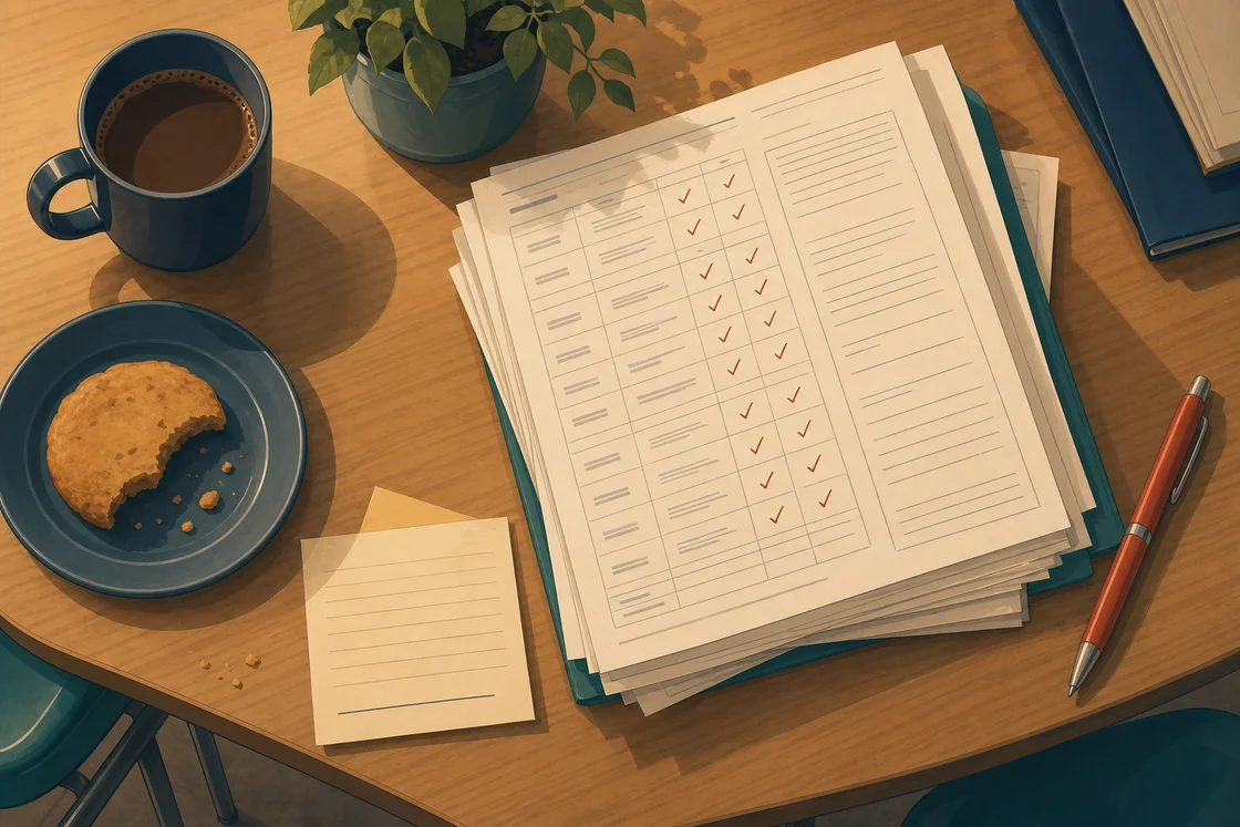Staff room table with report cards, red pen, biscuit, and note about clarifying 'quiet' comments.