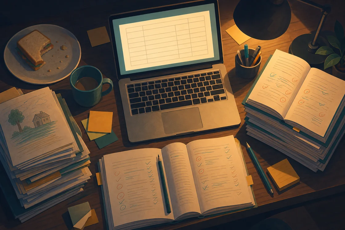 Teacher's desk with blank report card on laptop, books, and cold tea, late at night.