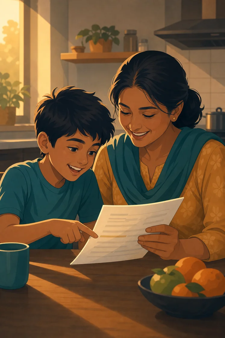 Boy and mother reading a school report at the kitchen table, smiling and pointing.