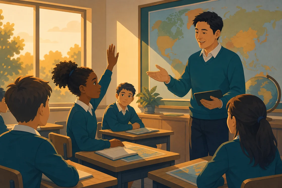 Classroom with student raising her hand as teacher encourages participation during lesson.