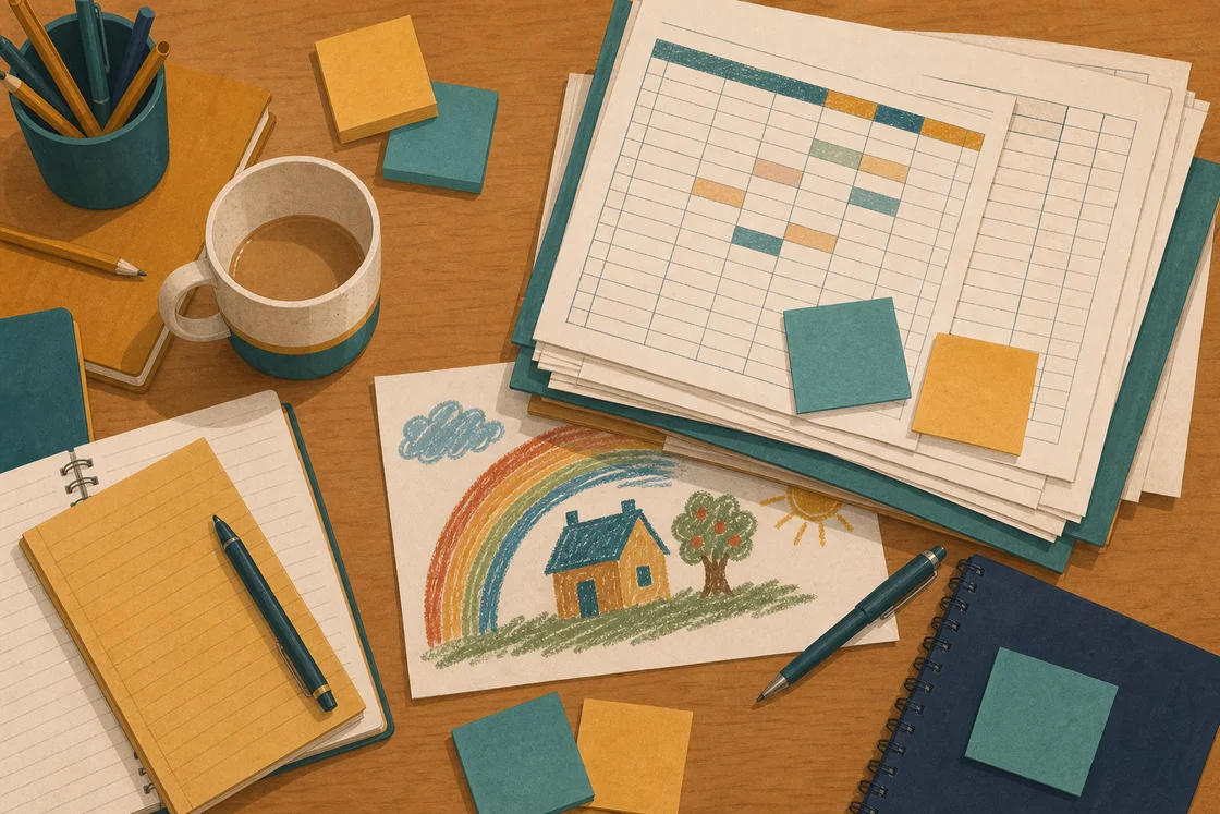 Overhead view of a messy teacher's desk with markbooks, sticky notes, tea, and a child's drawing.