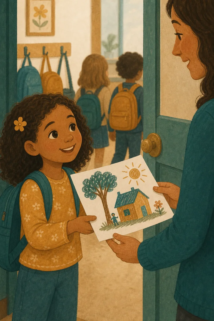 Child handing a drawing to her teacher at the classroom door.