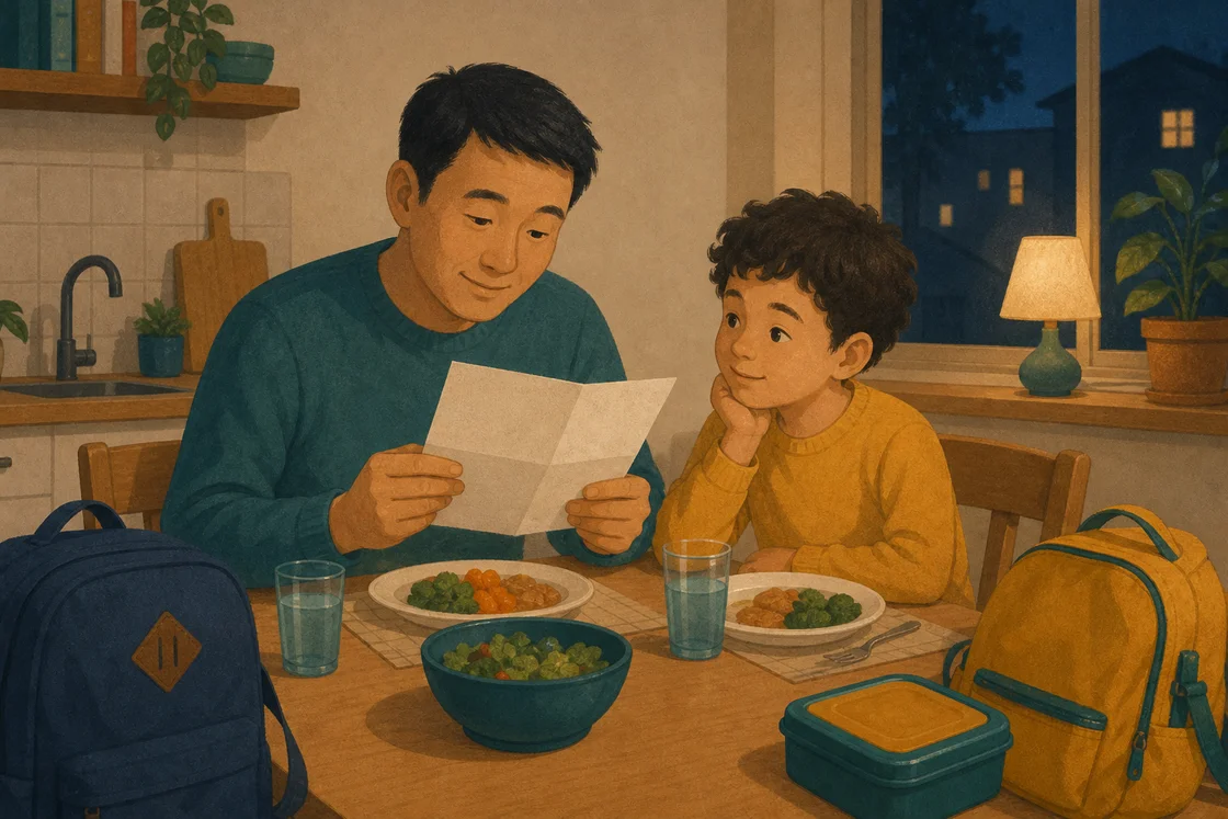 Parent and child at a kitchen table reading a school letter together.