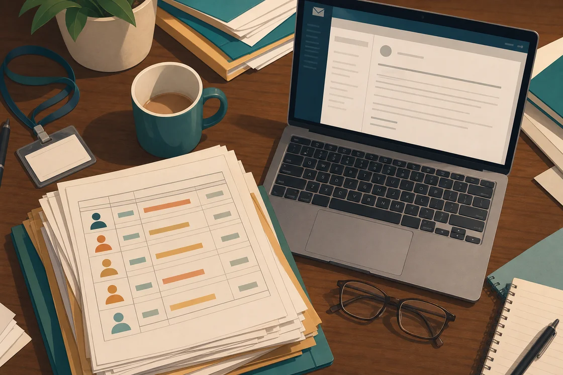 Teacher's cluttered desk with reports, cold tea, laptop, and glasses, viewed from above.