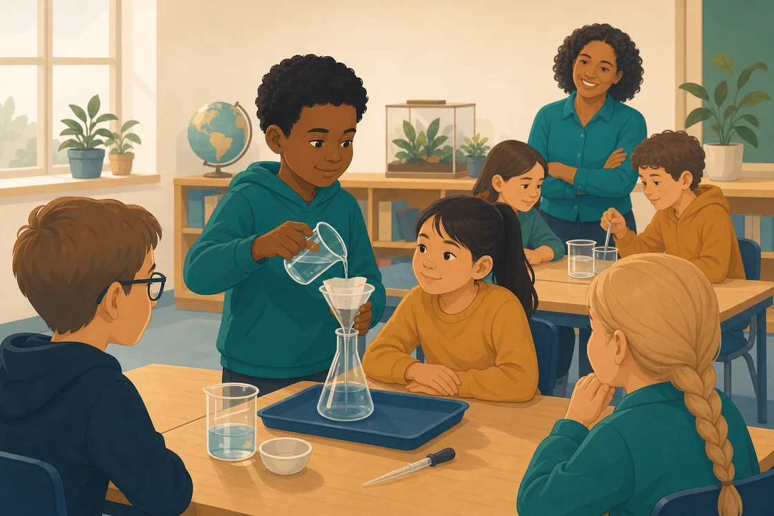 Child with ASD leads a science experiment in front of classmates and a supportive teacher.