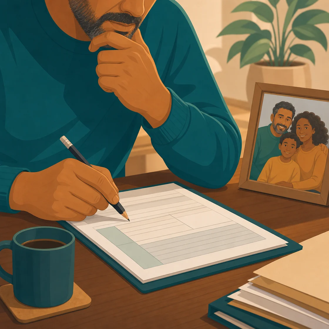 Teacher's hands hover over a SEND report form with a pencil, family photo and coffee visible.