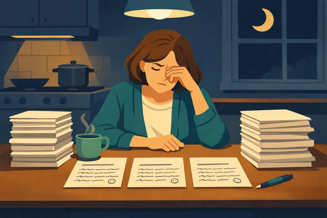 Teacher at kitchen table at night, surrounded by student reports, looking tired and puzzled.