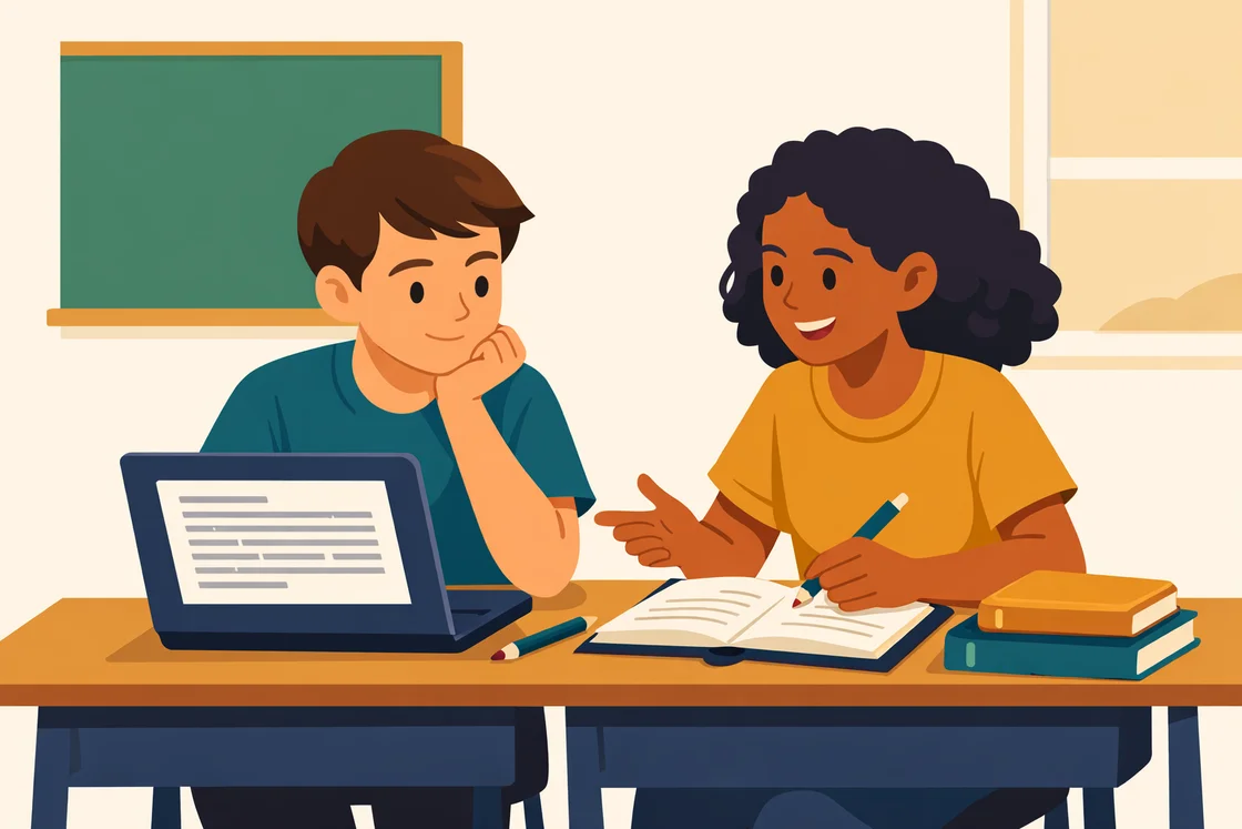 Two students at a desk, one reading from a laptop, the other writing and discussing ideas.