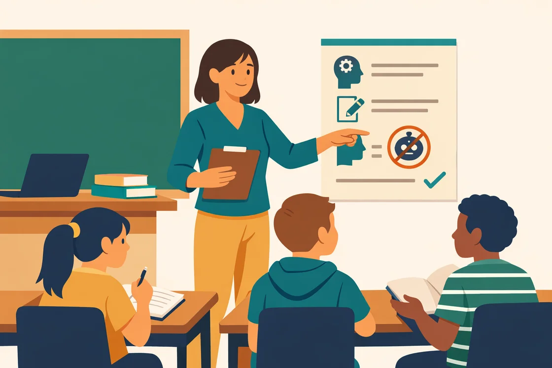 Teacher at front of class pointing to AI-use rules poster as students take notes.