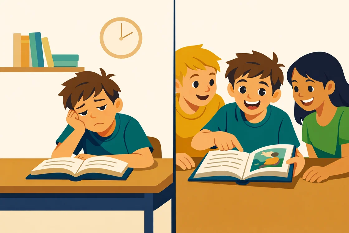 Split scene of a disengaged student and the same student excitedly sharing a book