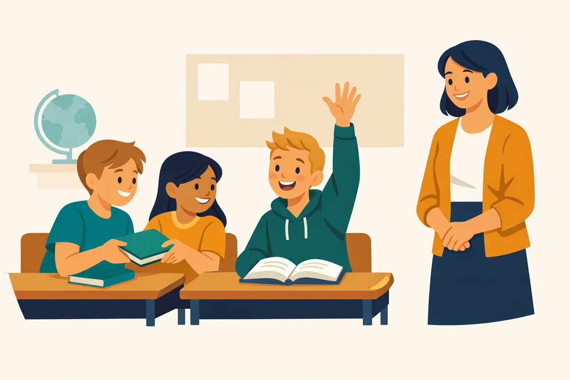 Students exchanging books and discussing stories as teacher observes