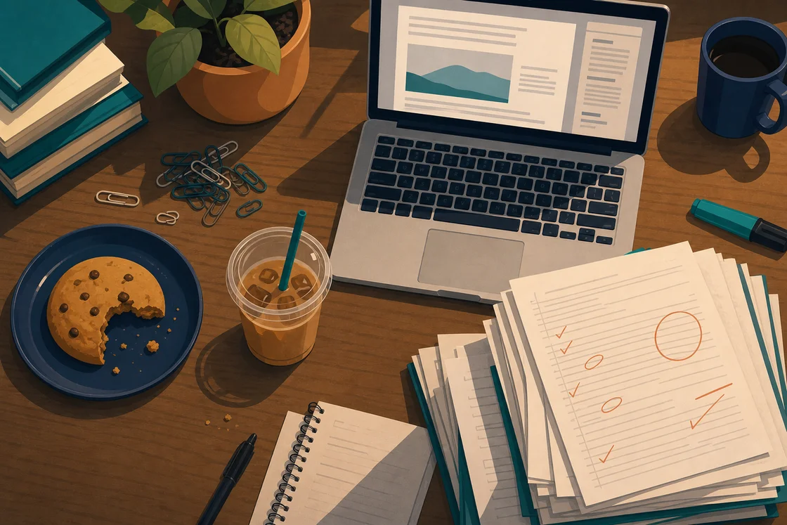 Overhead view of a messy staff room table with a laptop, cold coffee, and school books during report writing season.