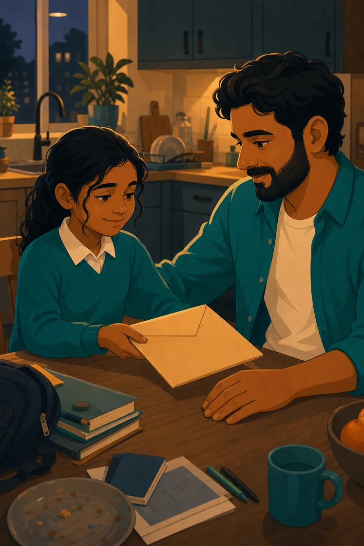 Child's hands giving a school report envelope to her father at a kitchen table.