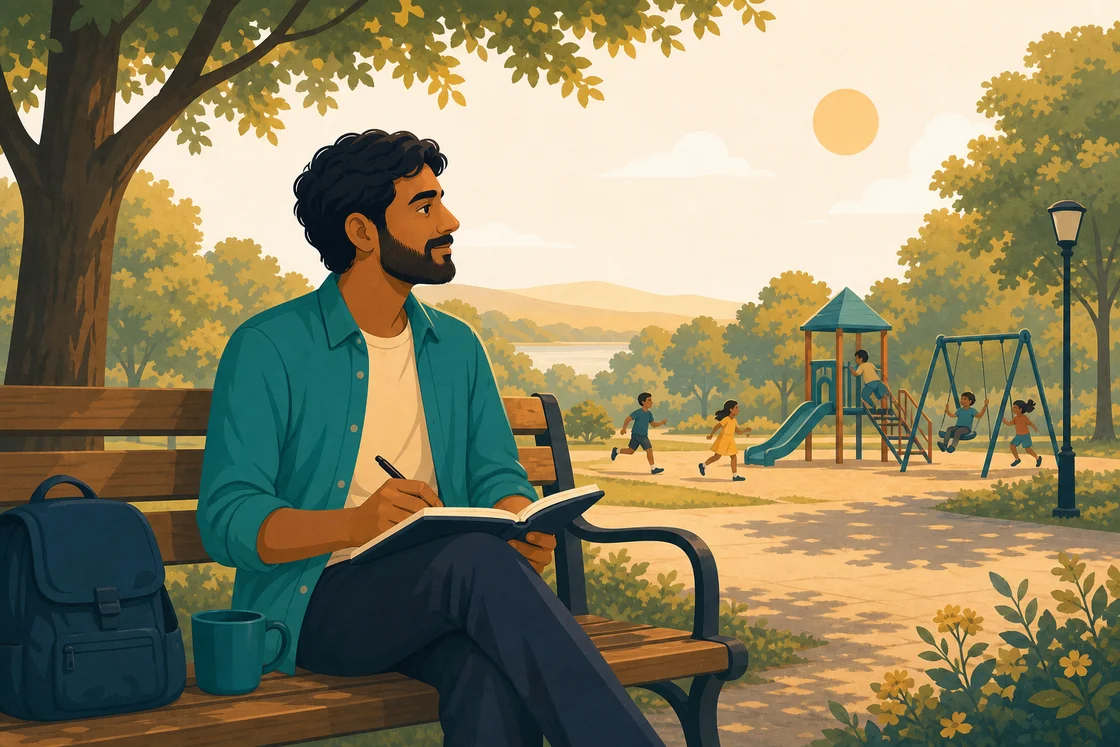 Teacher sitting on a park bench in summer, reflecting with a notebook and pen.
