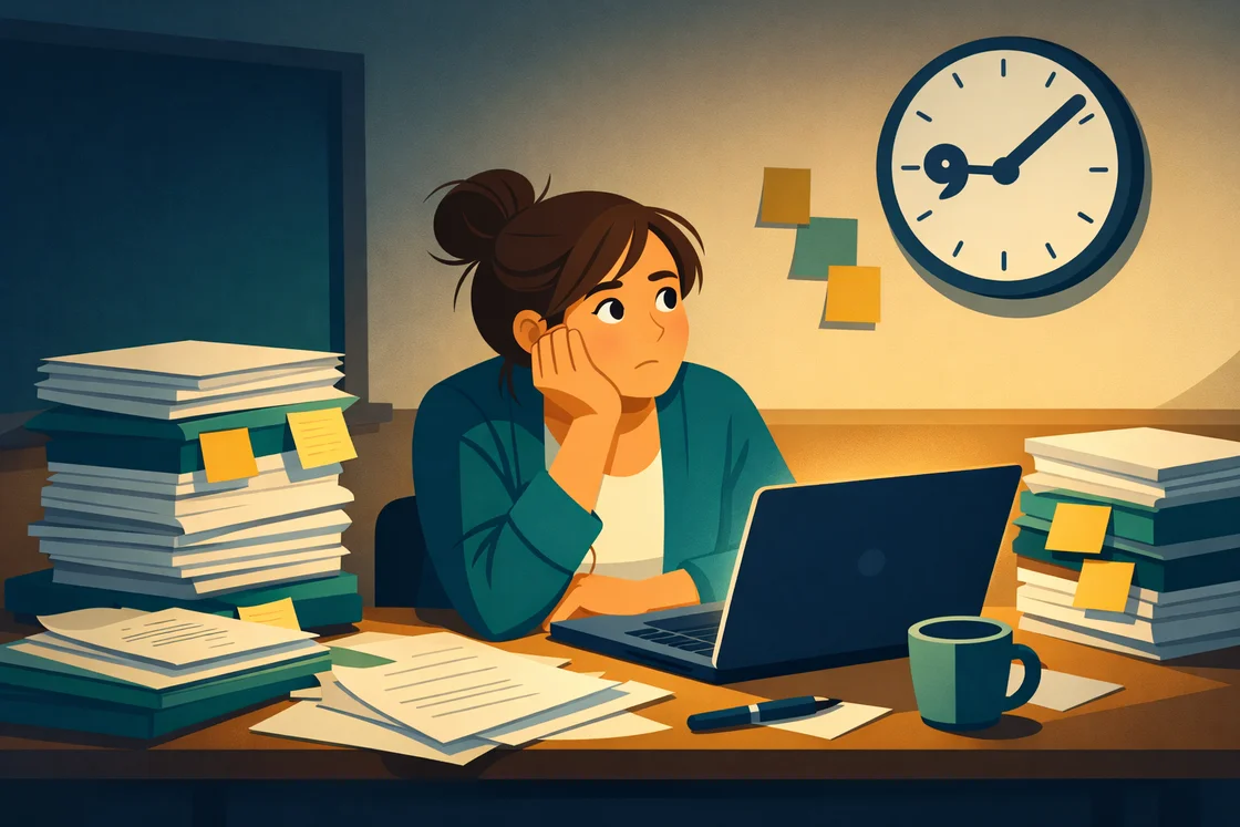 Teacher working late at a messy desk on student reports in a classroom.