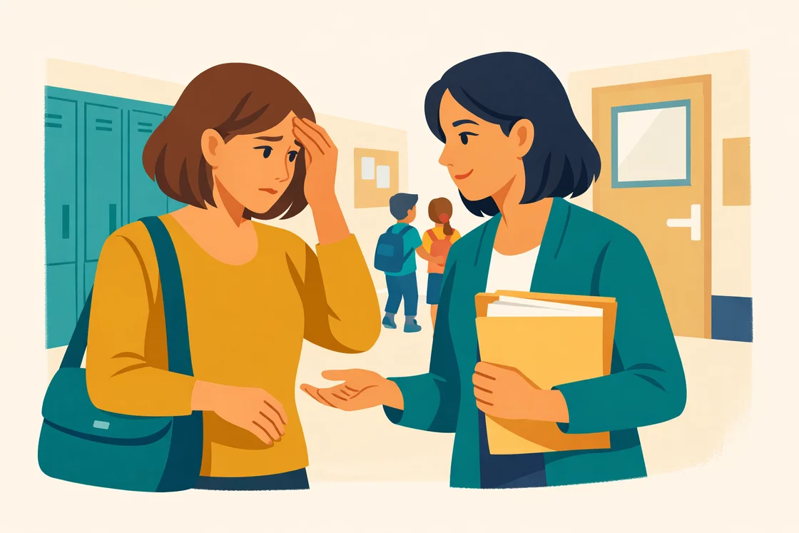 Teacher listening to a concerned parent in a school hallway after school.