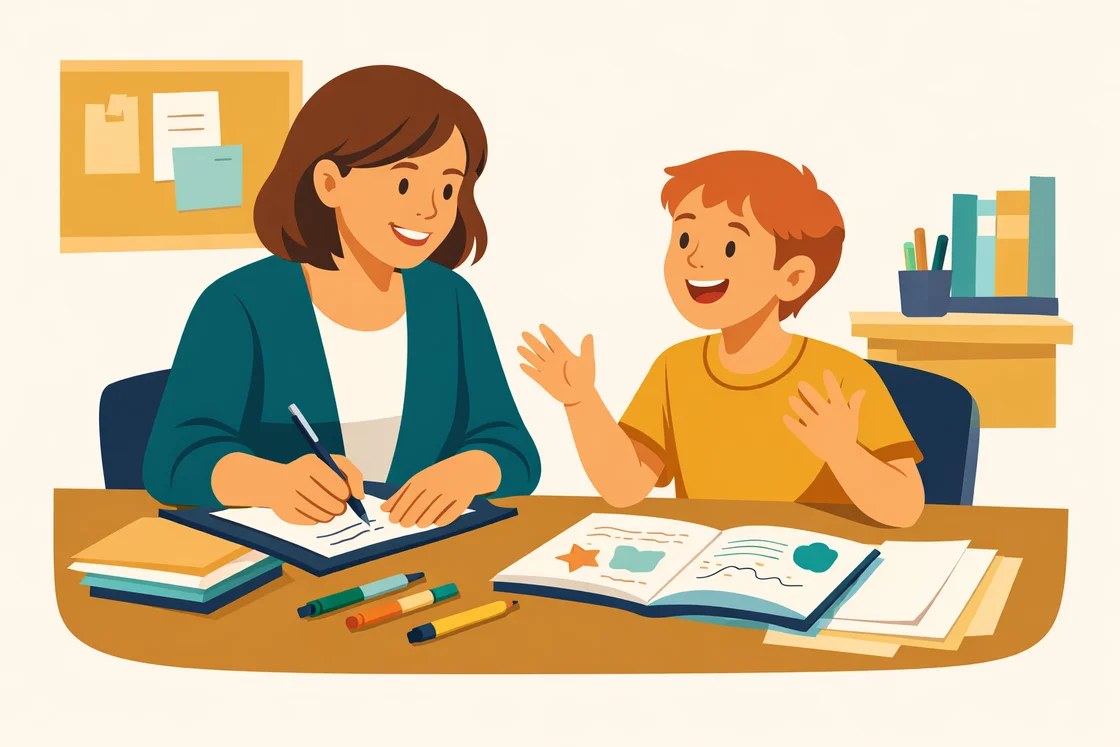 Teacher writing notes while a student talks in a classroom setting.