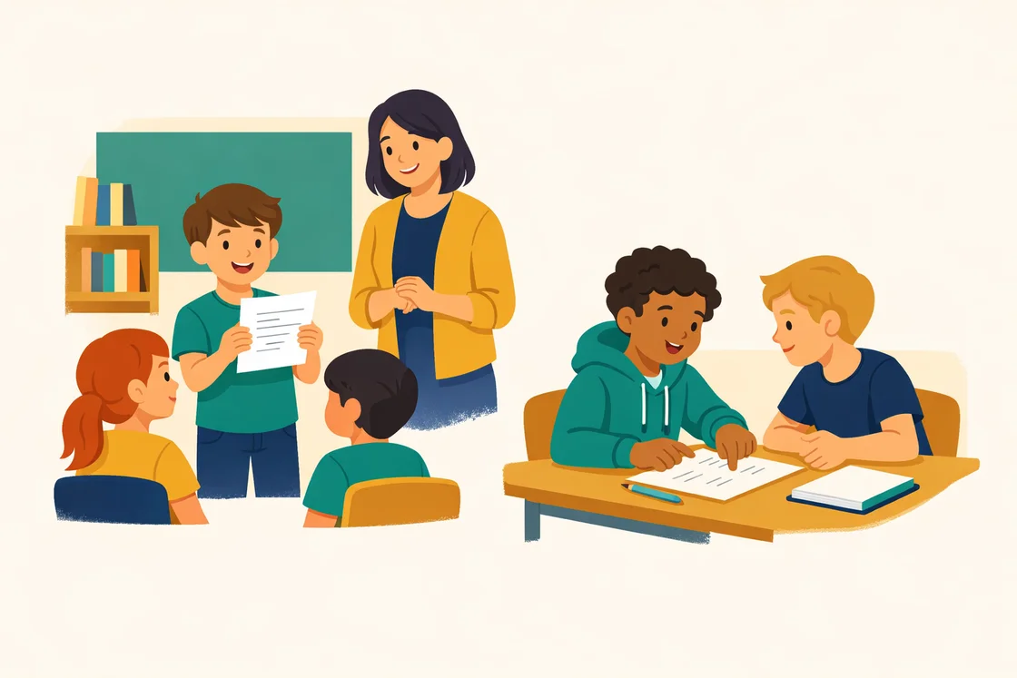 Student reading their writing to classmates and another student helping a peer with math