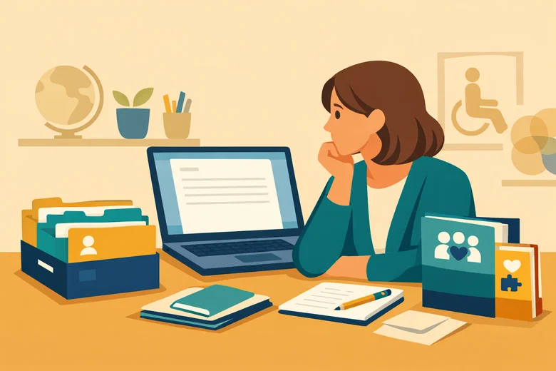 Teacher pondering over a blank report page with SEND resources nearby