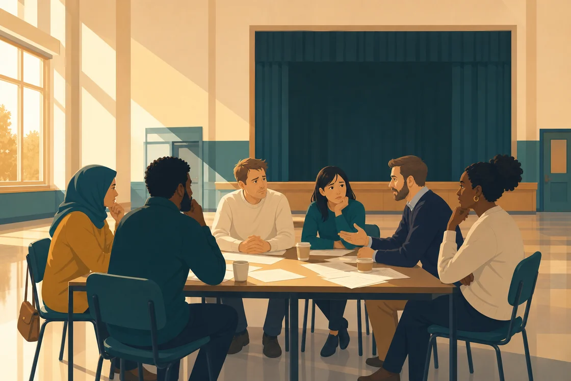 Parents and teacher sitting across a table in a school hall after parents' evening, report cards on the table.