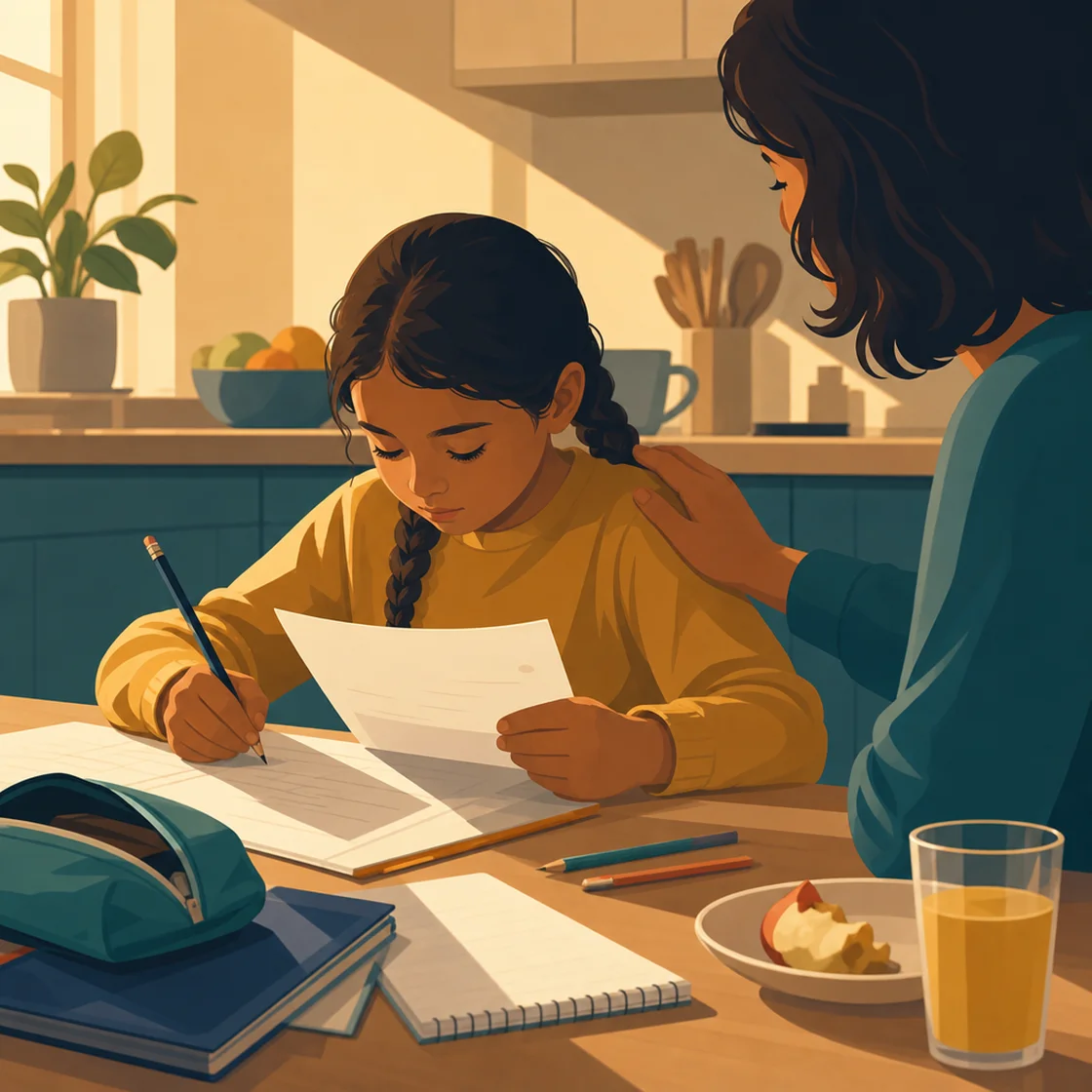 Child's hands with worksheet and parent's hand on her shoulder at a kitchen table with homework.
