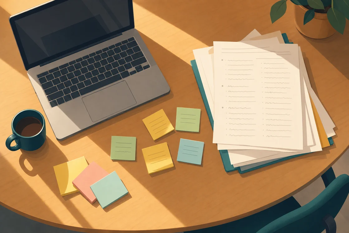 Staff room table with laptop, mug, sticky notes, and handwritten student reports.