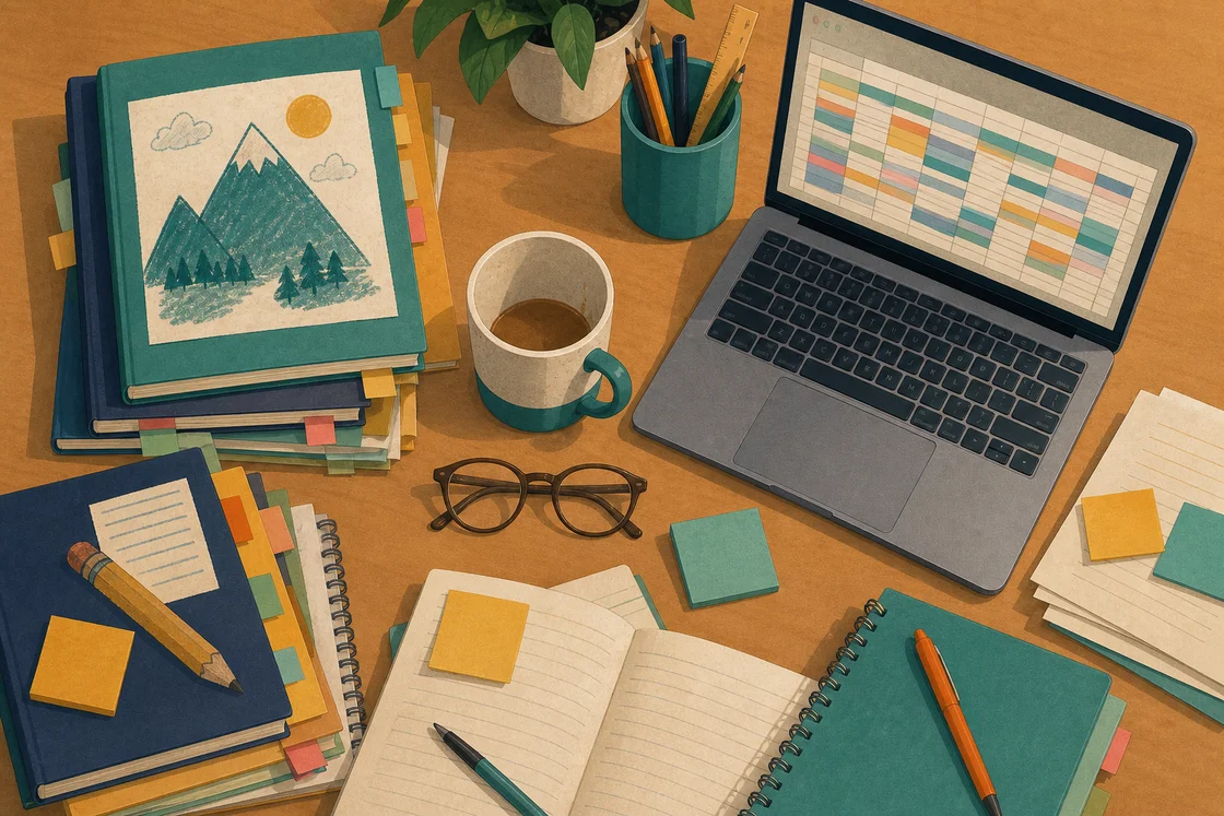 Overhead view of a teacher's desk with marked books, sticky notes, laptop, and tea mug.
