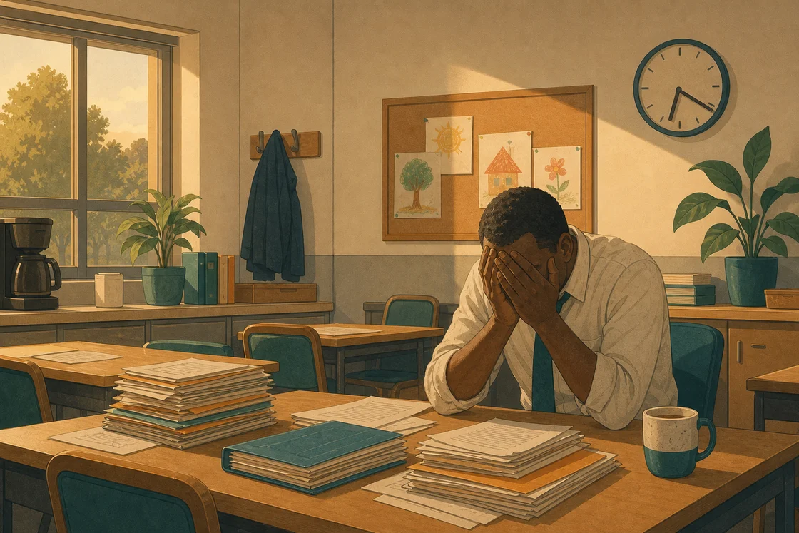 Tired teacher in staff room with papers and clock showing late hour.