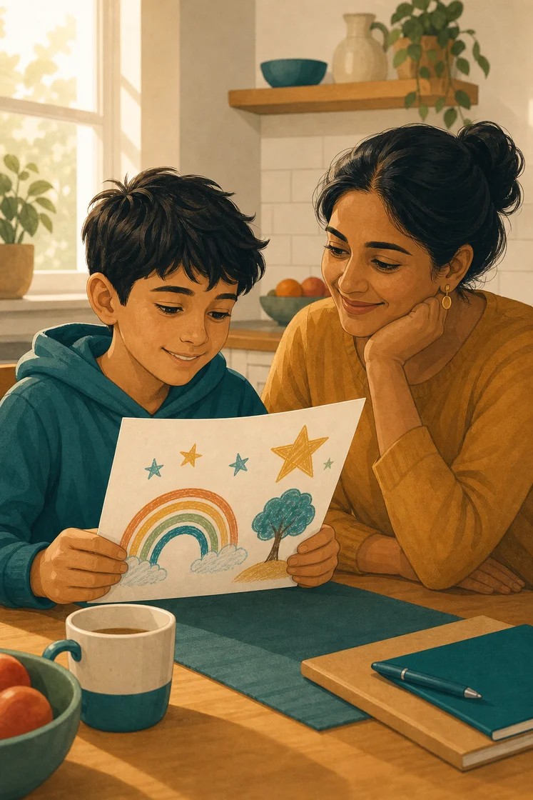 Child and parent at kitchen table reading a printed school report together.
