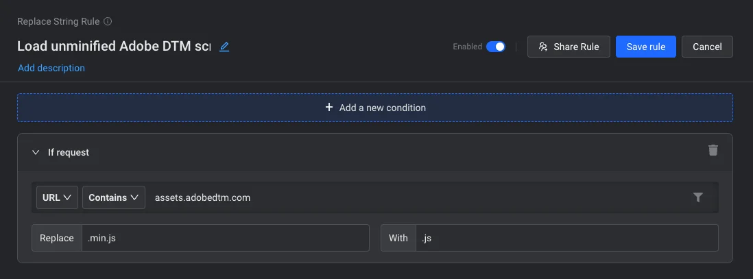 Loading unminified version of Adobe Launch Tag screenshot