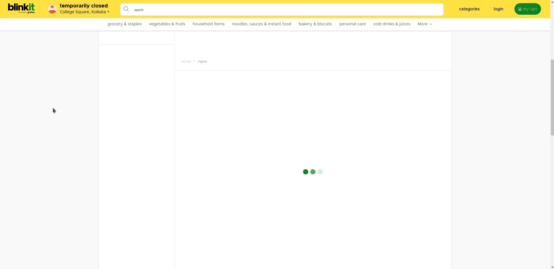 Simulating 404 status code on blinkit search screenshot