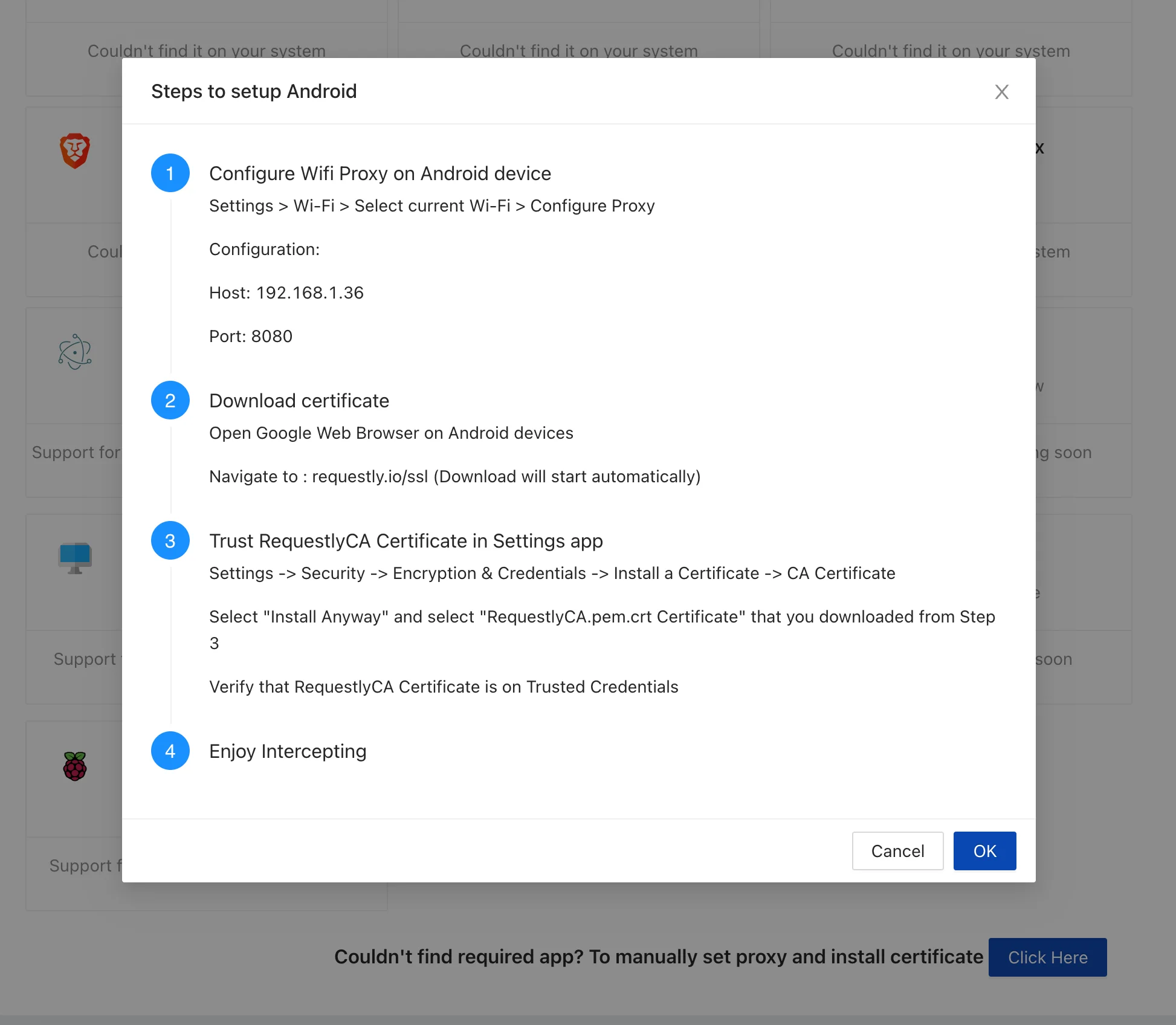 Install Certificate & Configure Proxy in Android/IOS Debug App screenshot