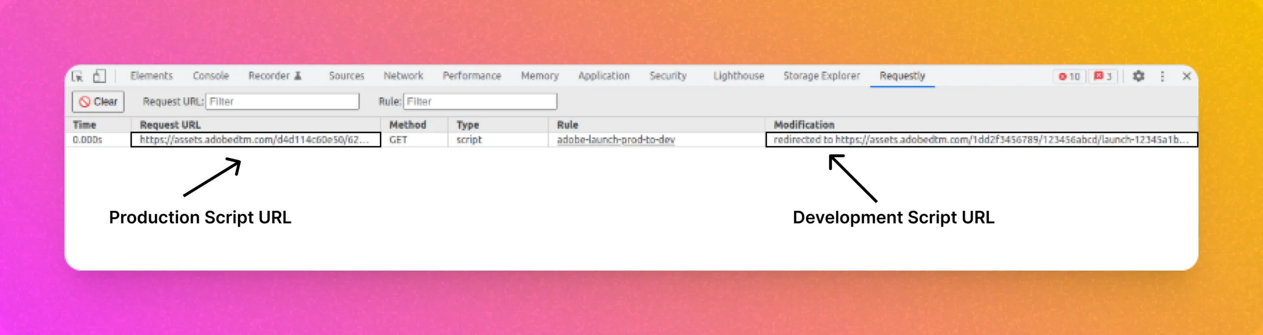 Requestly console in Devtools screenshot