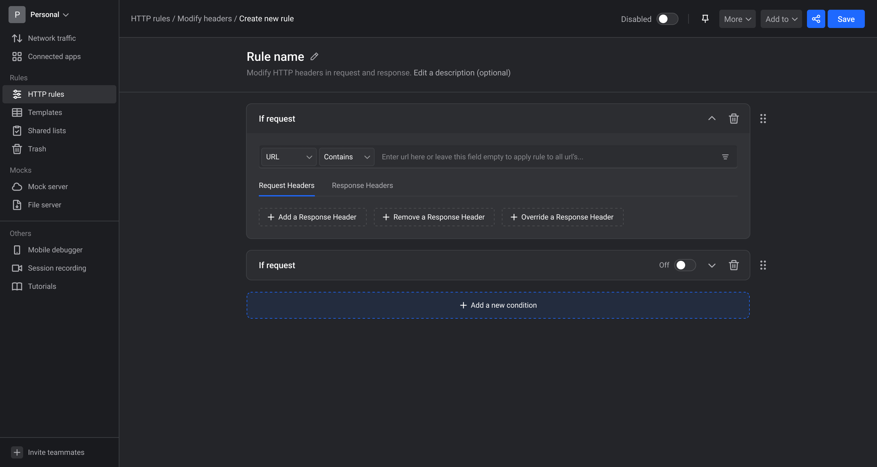 Dashboard web debugger modify headers