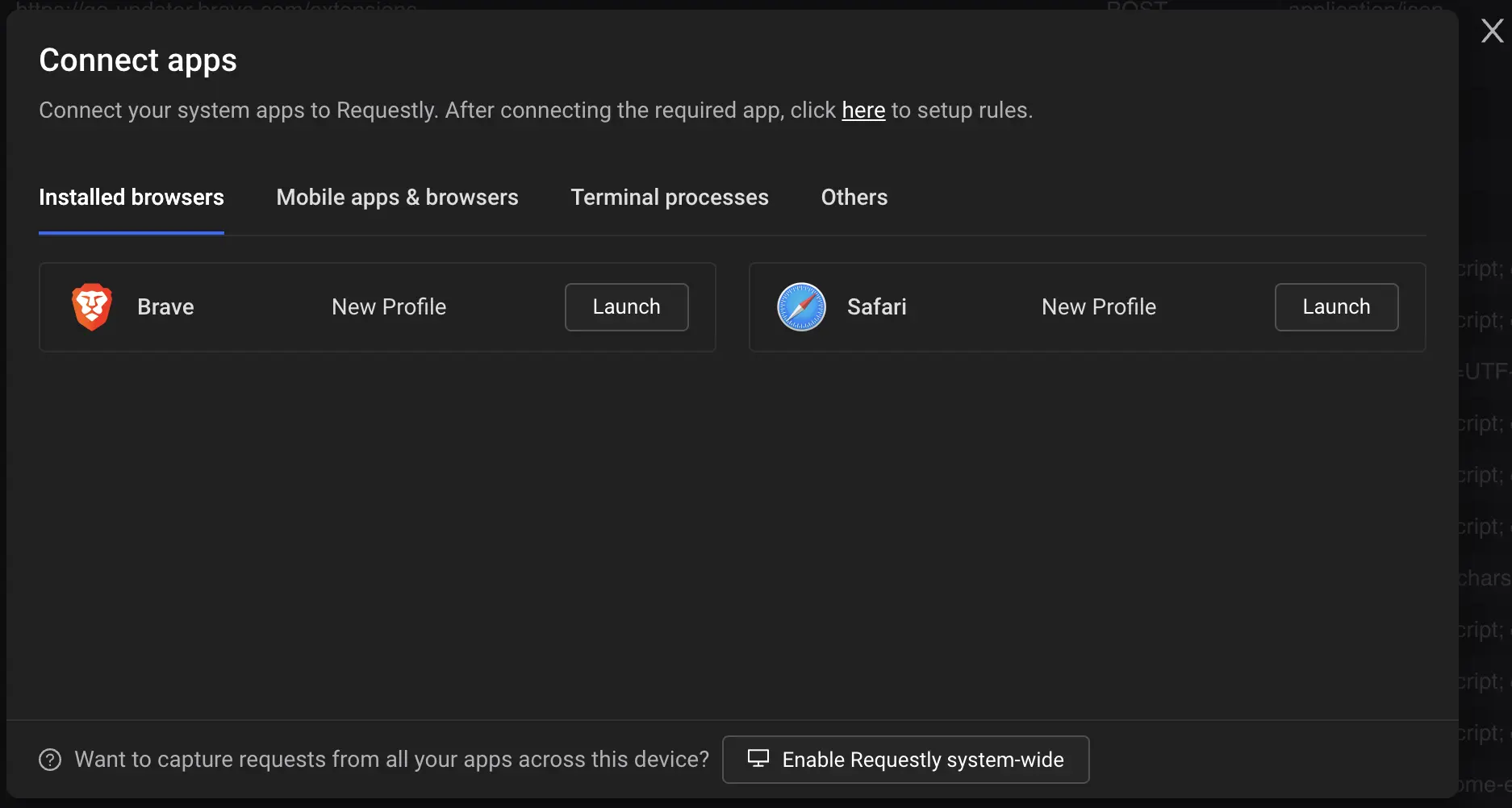 Inspecting Browser Network Traffic using Requestly Desktop App on Mac dialog