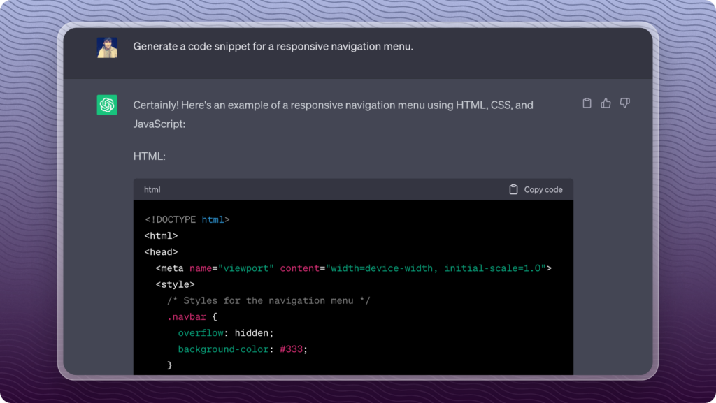 Generate Code Snippets to build a Functionality screenshot