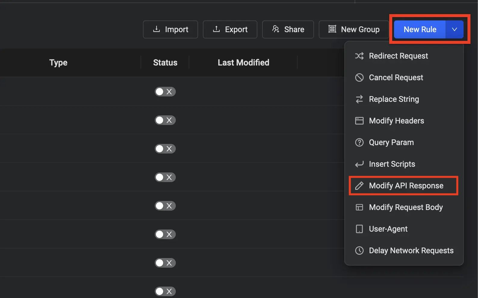 Selecting modify response rule to test your website
