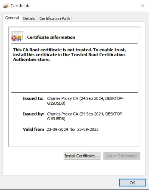 Certificate installation pop up