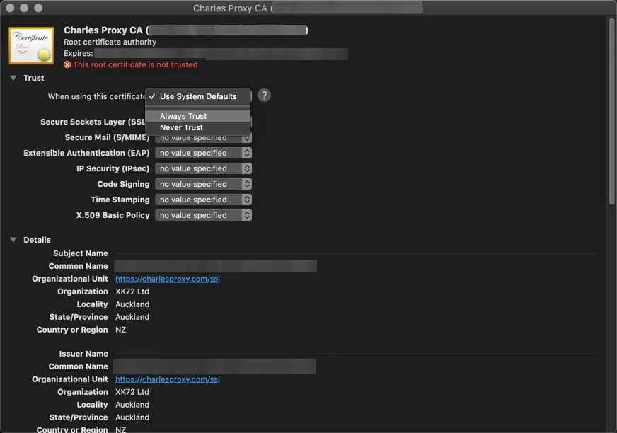 Charles proxy trust window