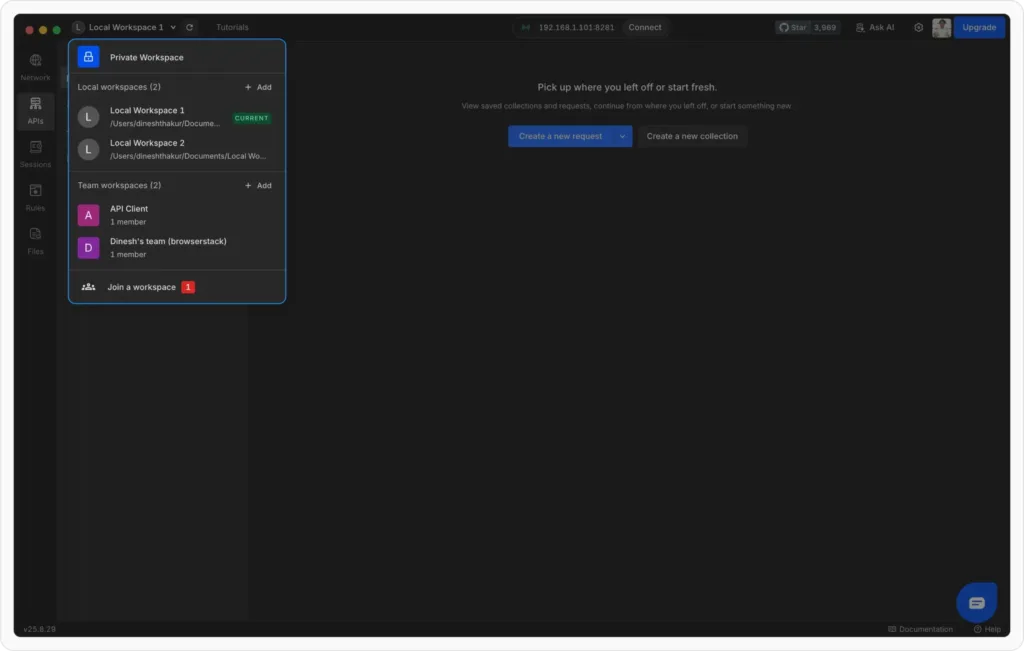 Workspace dropdown