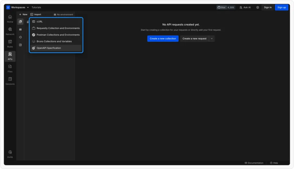 Import dropdown
