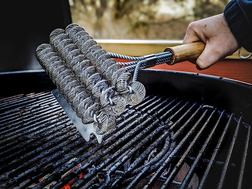 BBQ-Aid Grill Brush and Scraper for Barbecue – Grill Brush for Outdoor Grill with Extended, Large Wooden Handle and Replaceable Stainless Steel Bristles Head –No Scratch- BBQ Grill Brush for Any Grill