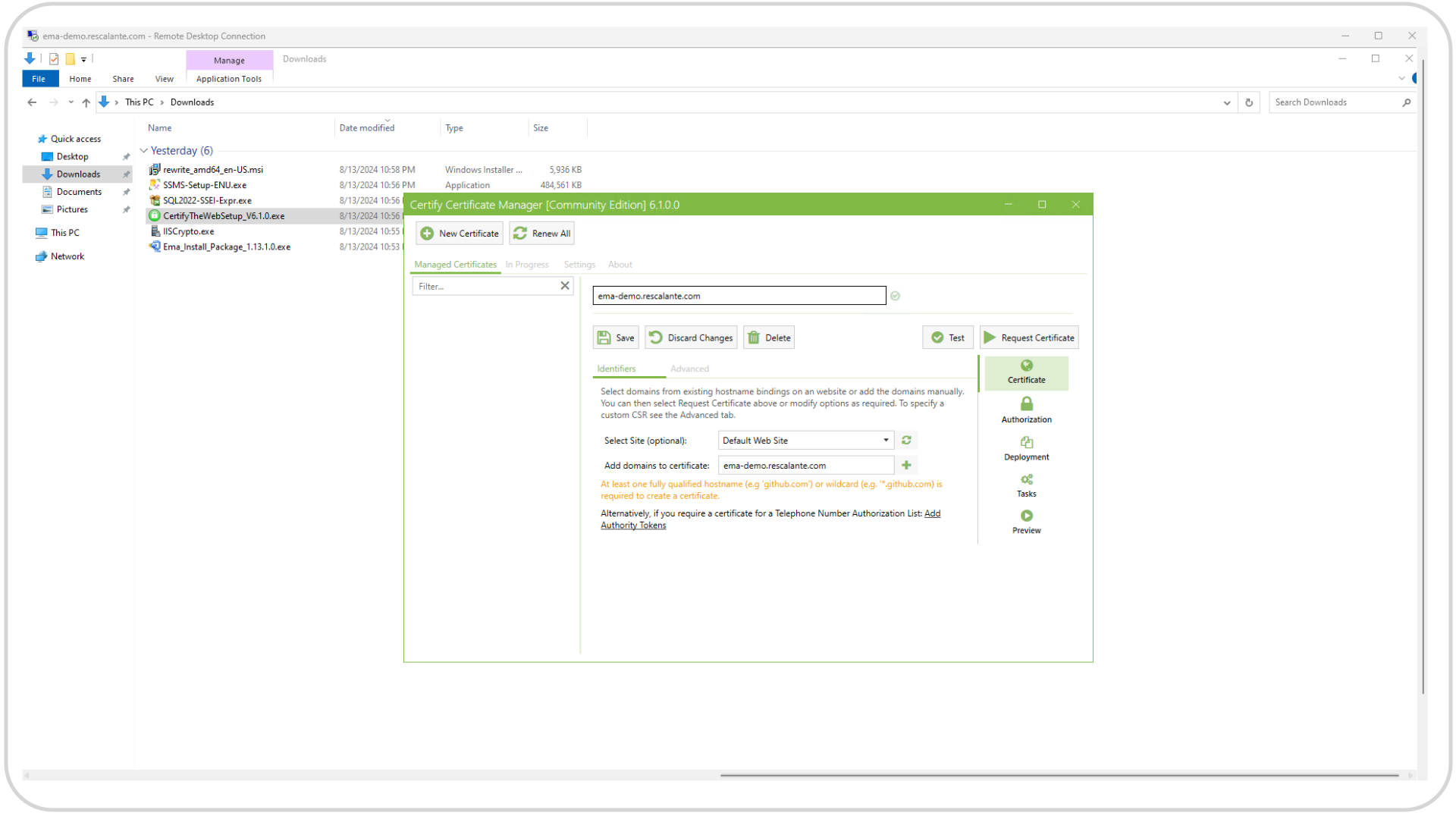 Certify the Web Adding Domain to IIS Default Website