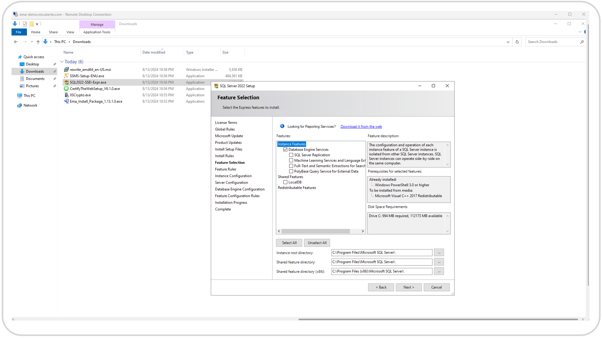 EMA Installation MSSQL Server 2022 Express Feature Selection