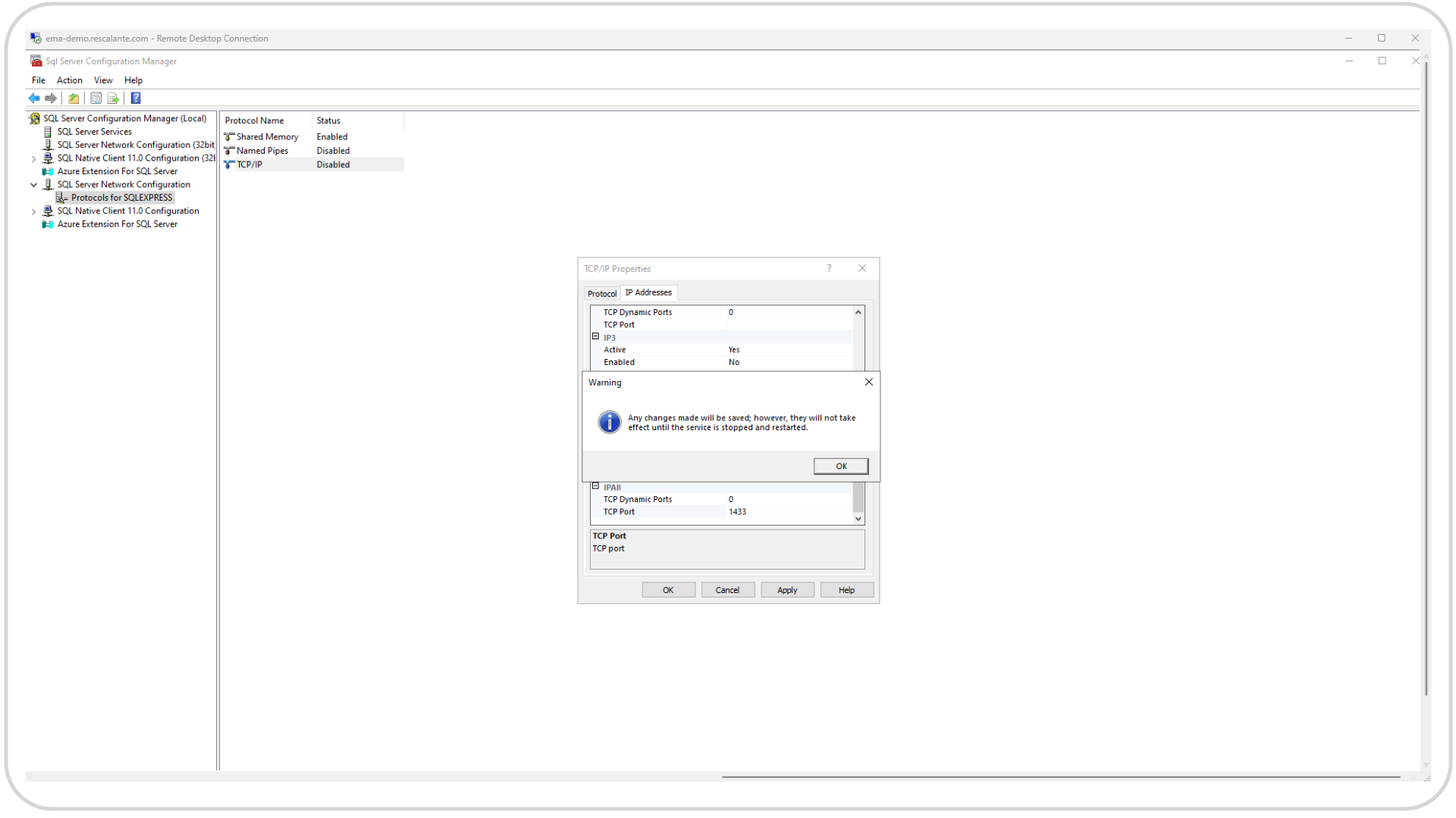 EMA Installation MSSQL Server 2022 TCP Changes