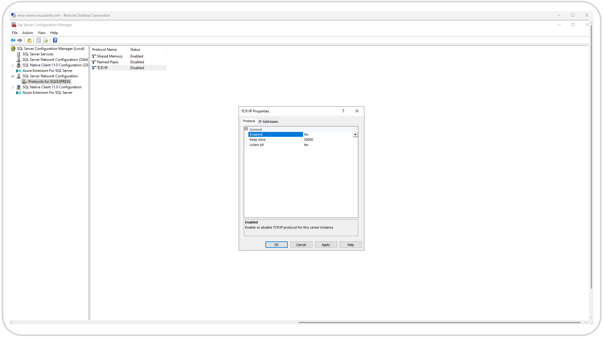 EMA Installation MSSQL Server 2022 TCP Stack